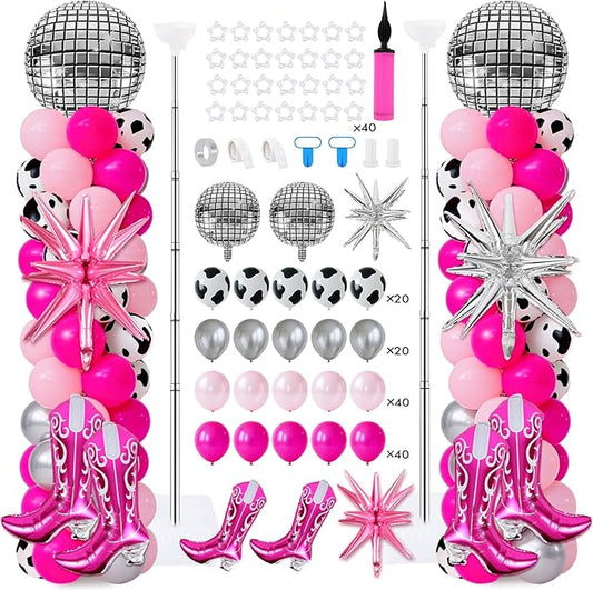 2 Sets Disco Cowgirl Balloon Column Stand Kits Adjustable Pink Balloons with Disco Ball Explosion Star Cowgirl Boot Themed Tower Stand Kit for Western Party My First Rodeo Baby Shower Decorations