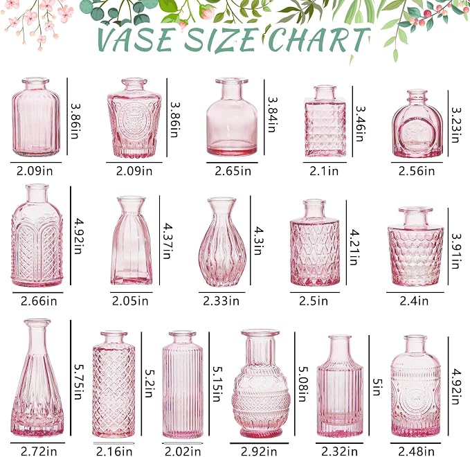 SUPMIND Glass Bud Vase Set of 16, Small Pink Flower Vases for Table Centerpieces in Bulk, Cute Mini Vintage Vase for Wedding, Home Decor, Table Decoration