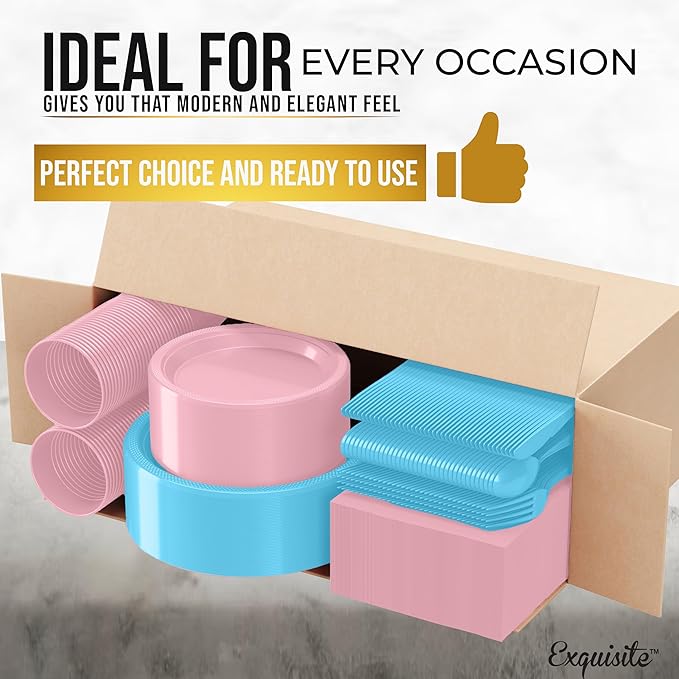 350 Pcs Gender Reveal Plastic Plates For Party, Gender Reveal Disposable Plates Set, 50 Of Each 9" Dinner Plate Set, 7" Dessert Plate, Cups, Napkins & Cutlery Plastic Dinnerware Exquisite