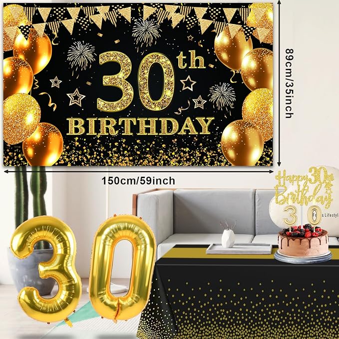 30th Birthday Decorations for Him Her with 30th Birthday Banner, Black and Gold Table Cloth, Number Balloons, Large Sash, Cake Topper and Candles