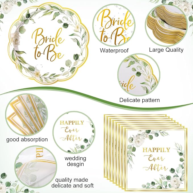 Pickmesh 400 Pcs Sage Green Bridal Shower Party Supplies Eucalyptus Leaves Bride to Be Happy Ever After Disposable Paper Plates Napkins Cups Cutlery Set for Wedding Bachelorette Party Decorations