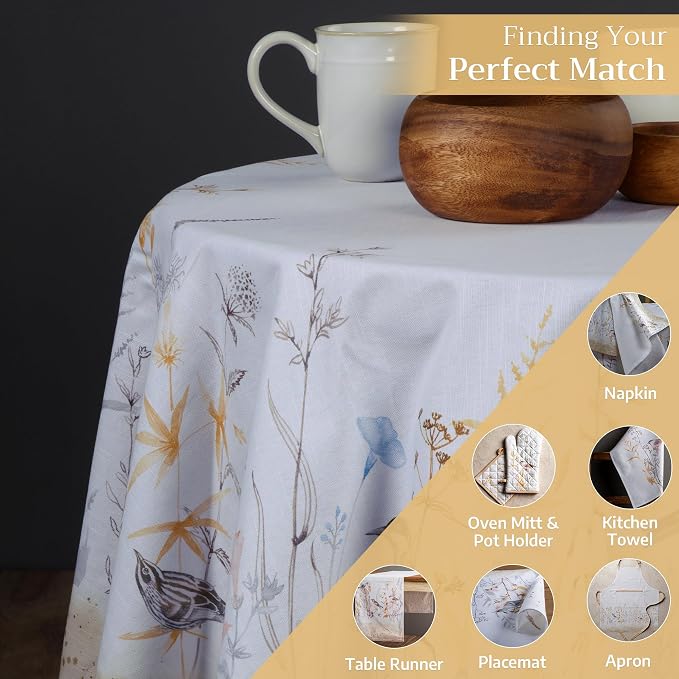 Maison d' Hermine Table Cloth Round Table 100% Cotton 63 Round Inches Tablecloth Reusable Decorative for Dining Kitchen Room Farmhouse Party Home Hotel Restaurant Spring Summer- Meadow Florals - Beige