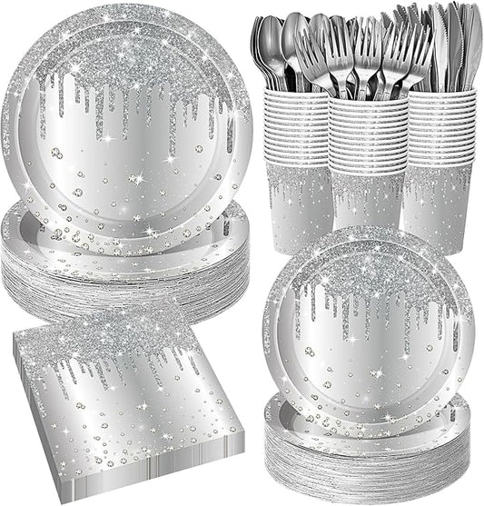 400 Pcs Silver Birthday Party Supplies Disposable Paper Plates Glitter Diamonds Napkins and Cups for Women Birthday Anniversary Wedding Party Decorations Supplies