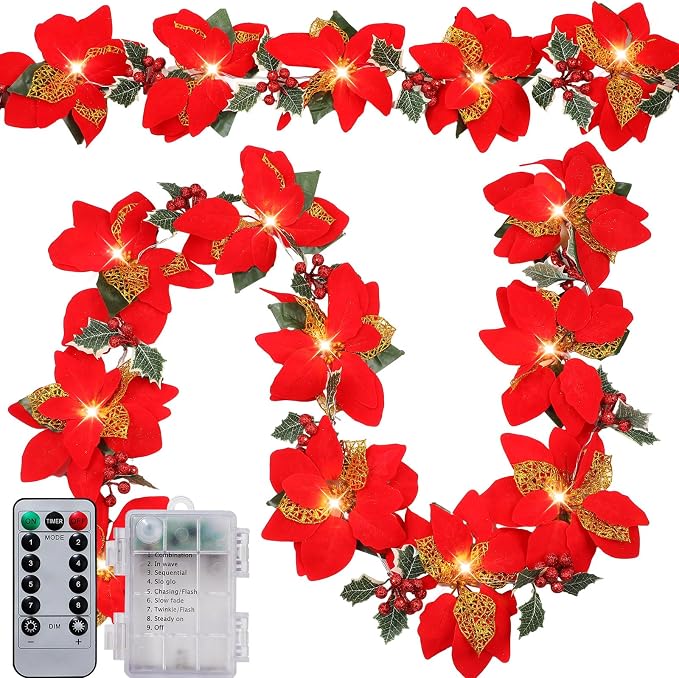 Zubebe 2 Pcs Prelit Poinsettia Christmas Garland with String Lights Glitter Holly Leaves Berries Remote Timer 8 Modes 6.5 ft Lighted Flower Garland Battery Operated Indoor Outdoor Decor(Red)