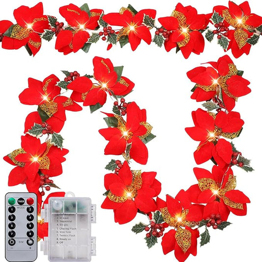 Zubebe 2 Pcs Prelit Poinsettia Christmas Garland with String Lights Glitter Holly Leaves Berries Remote Timer 8 Modes 6.5 ft Lighted Flower Garland Battery Operated Indoor Outdoor Decor(Red)