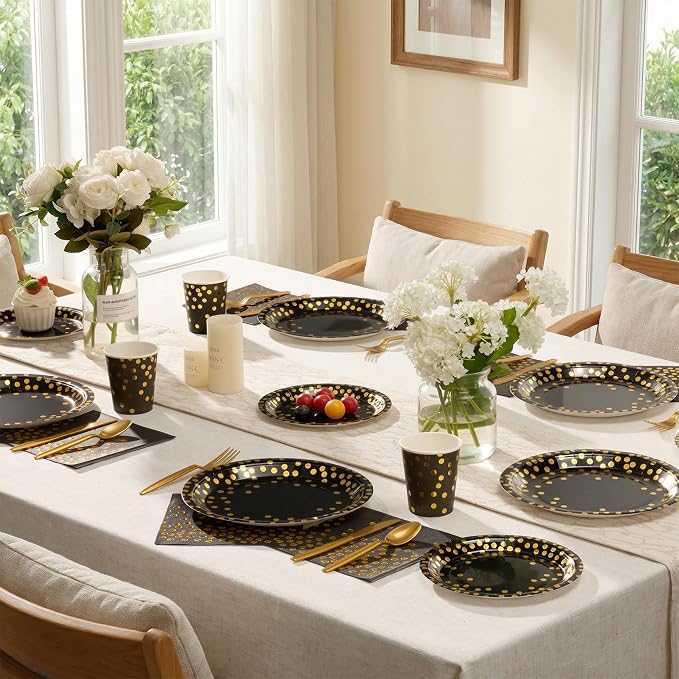 Goodlluck 175PCS Black Gold Foil Polka Dot Disposable Party Tableware Set, 25 Guests | 9" & 7" Golden Dot Disposable Paper Plates, 9oz Cups, Napkins & Gold Cutlery for Birthday, Glam Events