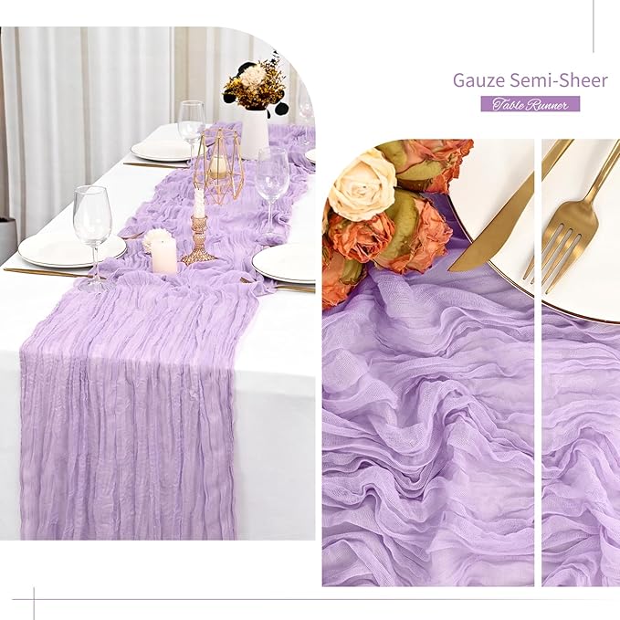 Showgeous 10 Pack Lilac Cheesecloth Table Runner Gauze Table Runner 10FT Long Semi-Sheer Table Runner Boho or Rustic Wedding Table Decor for Wedding Decor Arch Draping Bridal Shower Holiday Party