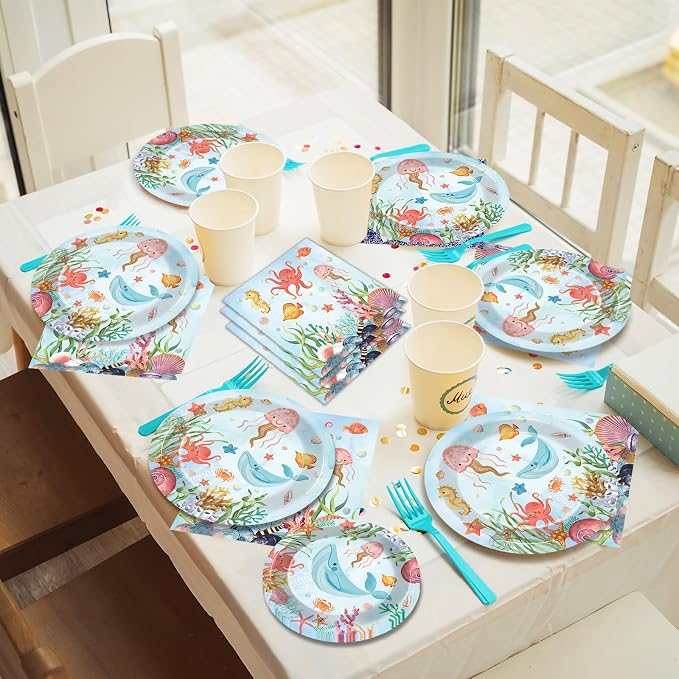 gisgfim 50 Guests Under the Sea Party Decorations Plates and Napkins Ocean Animals Birthday Paper Plates Napkins Tableware Set Underwater Sea Life Party Supplies for Birthday Baby Shower 200Pcs