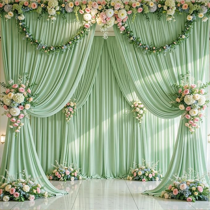 8 Panels Sage Green Backdrop Curtains for Wedding Party Wrinkle Free Backdrops Curtain Drapes Fabric Decorations Photo Back Drop Cloth for Baby Shower Photography Stage Reception 40ft(W) x 12ft(H)