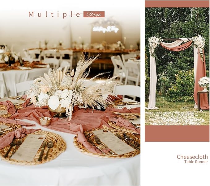 10 Pack Cheesecloth Table Runner - Dusty Blush Gauze - 10FT Long Semi-Sheer - Boho or Rustic Wedding Table Decor for Arch Draping & Holidays