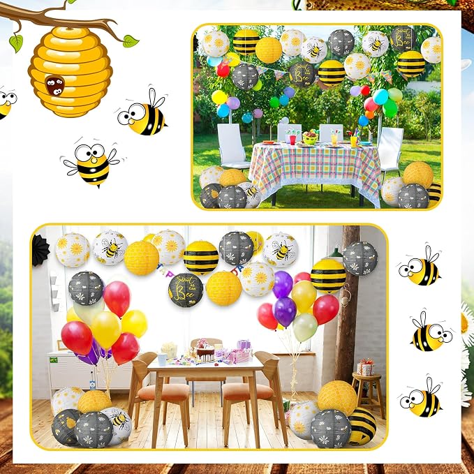 Panelee 12 Pcs Bee Party Decorations Paper Lanterns 8 Inch Hanging Round Hanging Paper Party Decorations for Holiday Indoor Outdoor Supplies