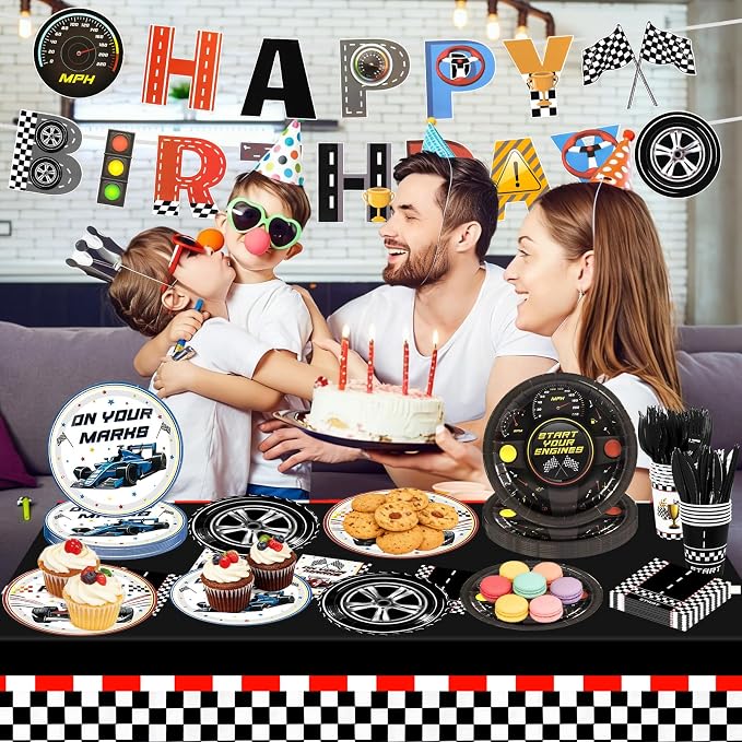 Race Car Party Decorations,182pcs Racing Themed Birthday Party Supplies Includes Banner,Tablecloths,Plates and Napkins,Tableware Set,for Boys Birthday Decorations,Serves 30