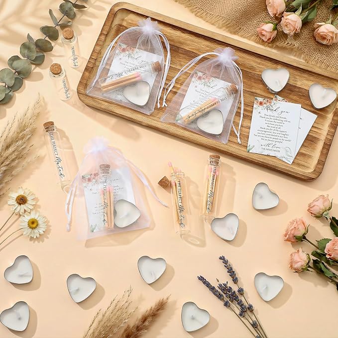 50 Sets Wedding Party Favors for Guests Bulk Including Heart Shaped Candles and Empty Matches Jars with Cork Top Thank You Cards and Organza Bags for Wedding Bridal Shower Party (Boho Flower)
