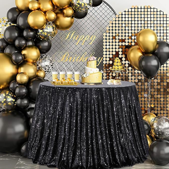 B-COOL Black Sequin Tablecloth Parties Decor: Round Sequin Overlay Shimmer Fabric for Halloween Table Setting Buffet Graduation Party 120 Inch