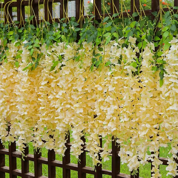 Pauwer Wisteria Hanging Flowers 24 Pack Fake Flower Garland Artificial Wisteria Vines Rattan Silk Flower String Wedding Party Wall Decorations,Champagne