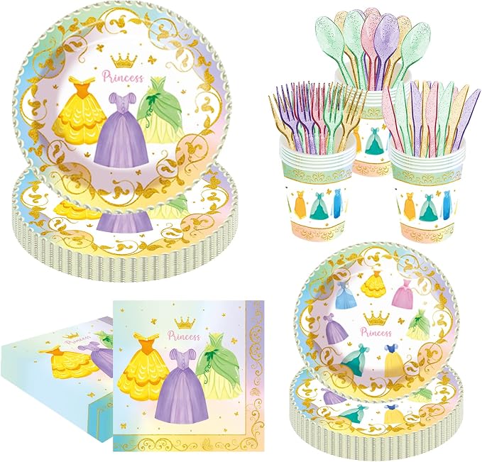 140pcs Princess Birthday Party Decorations Princess Plates Napkins Girls Paper Cups Party Supplies Disposable Tableware Set for Kids Girls Birthday Decor 20 Guests