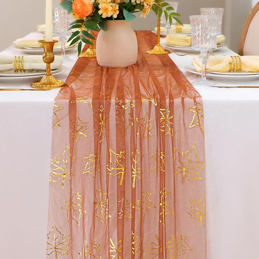 Snowkingdom Fall Thanksgiving Table Runner 10Ft, Gold Maple Leaves Burnt Orange Rust Sheer Tulle Gauze Cheesecloth, Golden Sequin Glitter Dining Table Centerpieces Decorations for Autumn Harvest Party