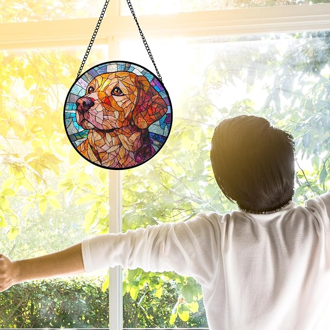 DASTOLL Stained Glass Window Hanging, Cute Dog Abstract Sun Catchers Colorful Glass Panel Texture Suncatcher Decor for Birthday for Women, Men, Wife, Aunt, and Mom 6.3 in