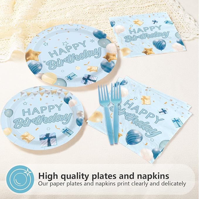96Pcs Light Blue Birthday Decorations Preschool Graduation Blue Gold Plates and Napkins Tableware Set Happy Birthday Decorations for Boys Girls Father Baby Shower Pres-k Graduation Supplies Serves 24