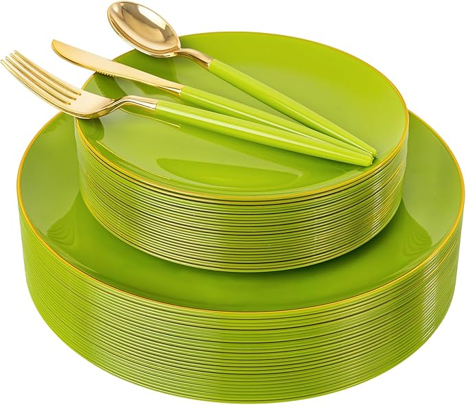 DaYammi 150Pcs Lime Green Plastic Plates & Gold Cutlery with Green Handle,green Disposable Plates with Gold Rim Include 30 Dinner Plate,30 Dessert Plate,30 Knives,30 Forks,30 Spoons for Party Dinner