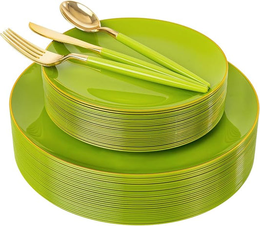 DaYammi 150Pcs Lime Green Plastic Plates & Gold Cutlery with Green Handle,green Disposable Plates with Gold Rim Include 30 Dinner Plate,30 Dessert Plate,30 Knives,30 Forks,30 Spoons for Party Dinner
