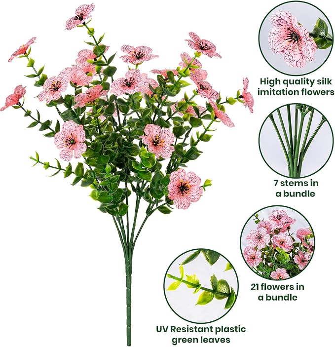 Lnoicy 20 Bundles Artificial Flowers for Outdoor Fake Plants for Spring Decoration,Faux Eucalyptus Flowers for Planter UV Resistant Lifelike for Home Porch Garden（Pink）