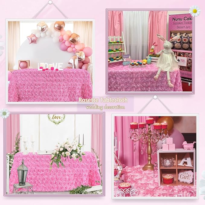 B-COOL Pink Rosette Rectangle Wedding Tablecloth 60x102 Inch Pink Table Cloths for Birthday Girls Party 3D Flower Candy Table Cover for Sweetheart Decoration