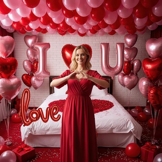 I Love You Balloons Red and pink romantic balloon kit with and pink heart Red LOVE mylar balloons Red rose petals for hotel Decorations Valentines Party wedding anniversary supplies
