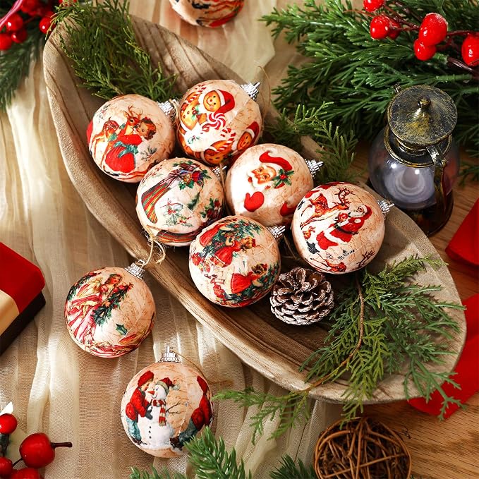 Outus 16 Pcs Christmas Tree Ball Ornaments Vintage Christmas Decorations for Tree Xmas Socks Gingerbread Decorative Hanging Ornaments for Farmhouse Home Fireplace Decoration Holiday Party Favors