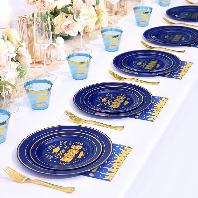 150 Pcs 2026 Graduation Plastic Plates with Disposable Silverware Serves 30 Guests, Blue Gold Graduation Disposable Plates Including 30 Dinner&Dessert Plates, Cups, Napkins, Gold Forks for Party