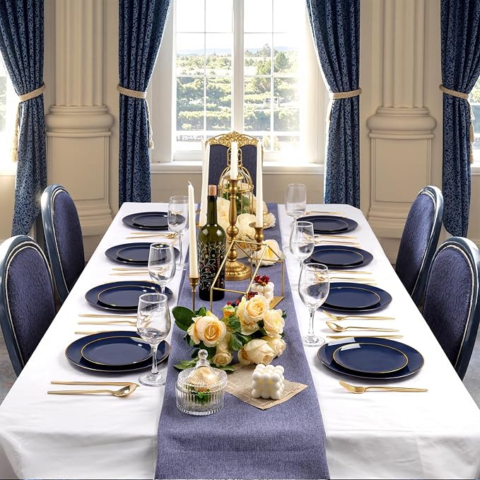 bUCLA 100PCS Blue Plastic Plates - Navy Blue Disposable with Gold Rim, Include 50 Each (10 inch Dinner & 7 inch Dessert) Plates, Ideal for Party & 4th of July