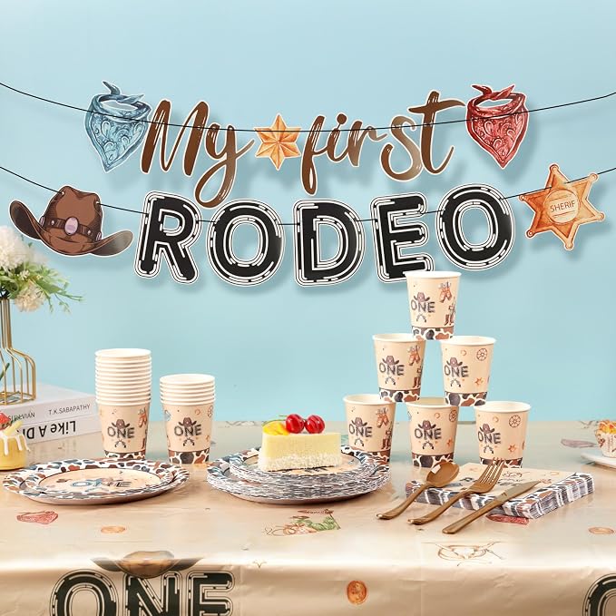 My First Rodeo Decorations Boy, 1st First Rodeo Birthday Plates Serves 16, 1st Birthday Decorations Boy, One Year Old 1 Year Old Western Cowboy Party Decor