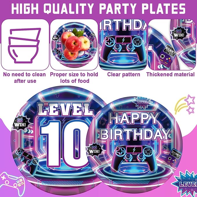 96Pcs 10th Birthday Video Game Party Decorations 10 Years Old Themed Tableware Purple Blue Plates Napkins Forks Level 10 Dinnerware Party Supplies for Kids Boys Gamer Gaming Birthday Serves 24 Guests