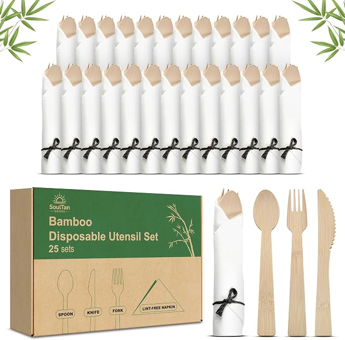 Black Bamboo Silverware Set 25 Pack, Prerolled Cutlery with Black String Napkin Bundle, Disposable Bamboo Utensils for Weddings, Parties and Events (Fork Knife Spoon)
