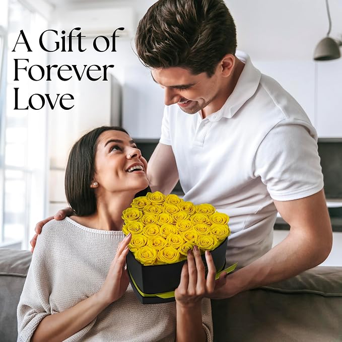 GLAMOUR BOUTIQUE 27 Flower Forever Heart Shape Box, Mothers Day Gift For Mom, Eternal Preserved Roses Gift for Her, Flowers bouquet, For Birthday, Anniversary, Girlfriend - Yellow (Color-Treated)