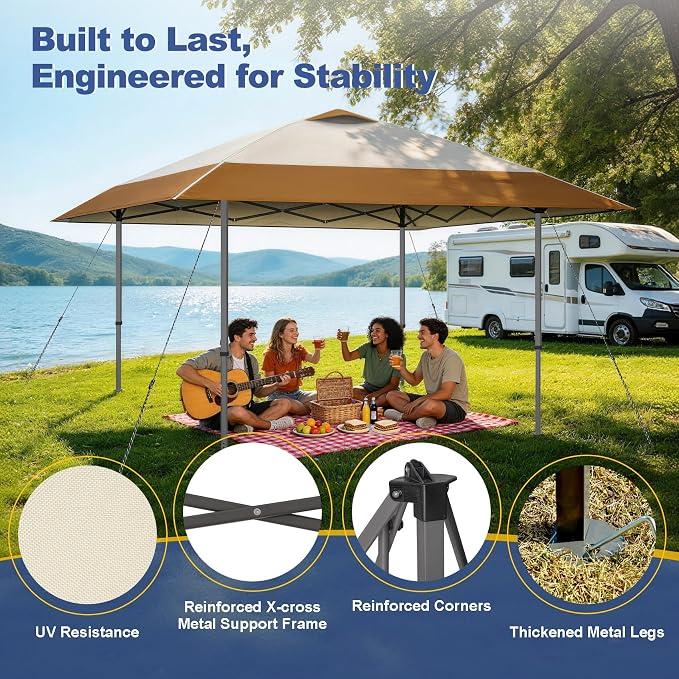 Explore Land 13x13 Pop Up Canopy with One Push Setup Heavy Duty Outdoor Sun Shade Tent for Beach,Camping,Events,Parties(Beige & Brown)