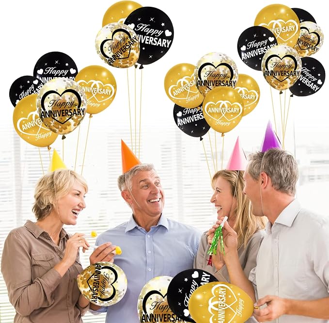 30Pcs Happy Anniversary Balloons Decorations Kit, 12 Inch Black Gold Happy Wedding Anniversary Latex Confetti Balloons Party Supplies, 10th 20th 30th 40th 50th 60th Indoor Outdoor