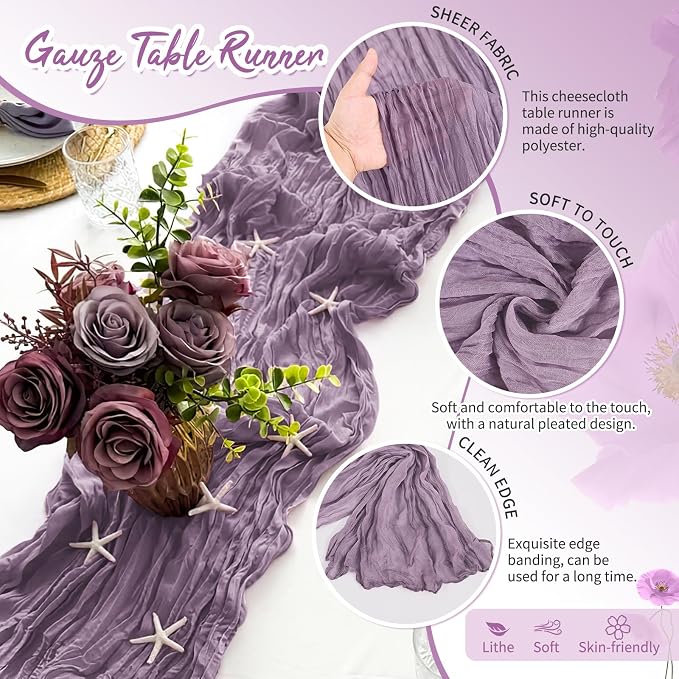 30 Pack Purple Cheesecloth Table Runner 17 x 108 inch Boho Gauze Table Runner Rustic Sheer Cheese Cloth Table Decorations for Wedding Party Baby Bridal Shower Birthday Holiday Home