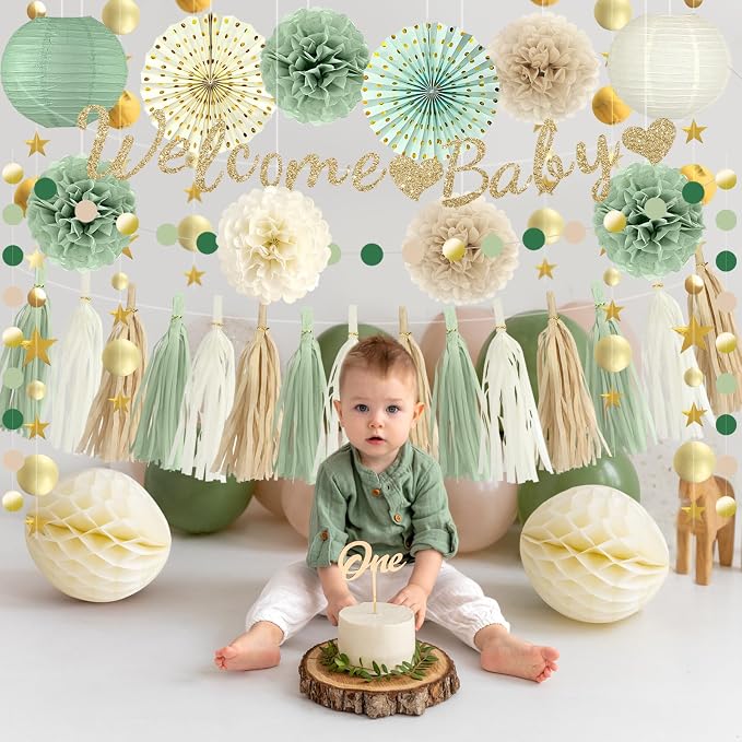 Sage Green Baby Shower Decorations - Welcome Baby Banner, Paper Lanterns, Tissue Pom Poms, honeycombs, Paper fan Tassel, Circle Dots Star, Gender Reveal Birthday Party Decorations