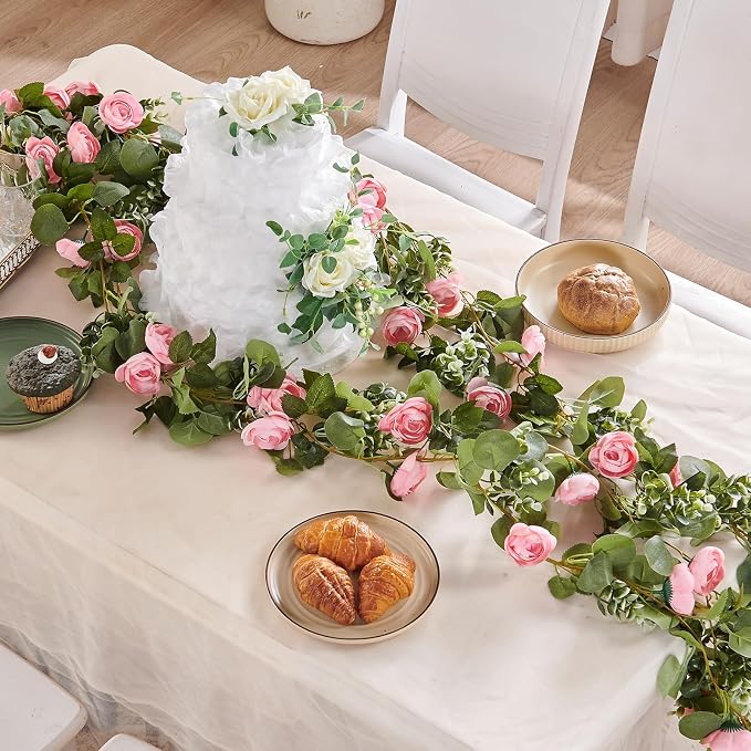 PONKING Flower Garland Artificial Rose Vine Flowers Hanging Fake Roses Vines for Wedding Birthday Party Valentines Christmas Room Wall Arch Decor, 2 Pink Floral Garland Decorations