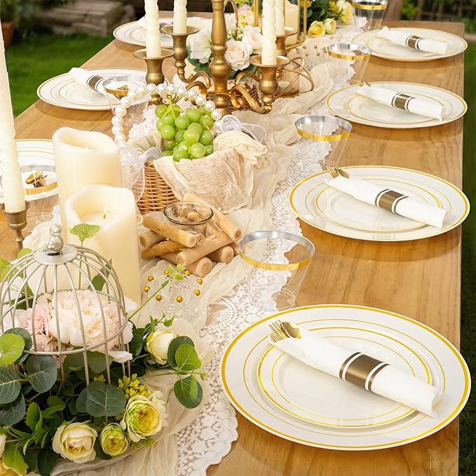 WELLIFE 350PCS Ivory Plastic Plates for 50 Guests -Thanksgiving Plates,Thanksgiving Decorations,Disposable Plate for Party and Wedding