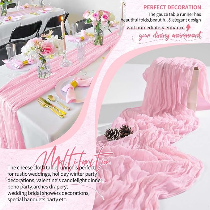 10 Pack Light Pink Cheesecloth Table Runner 10FT Boho Gauze Cheese Cloth Table Runners Romantic Rustic Sheer Table Decorations for Wedding Party Baby Shower Birthday Holiday Home