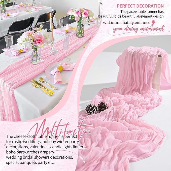 1 Pack Cheesecloth Table Runner 10FT Light Pink Table Runner Boho Gauze Cheese Cloth Table Runners Long Rustic Sheer Table Decorations for Wedding Party Baby Bridal Shower Birthday Holiday Home