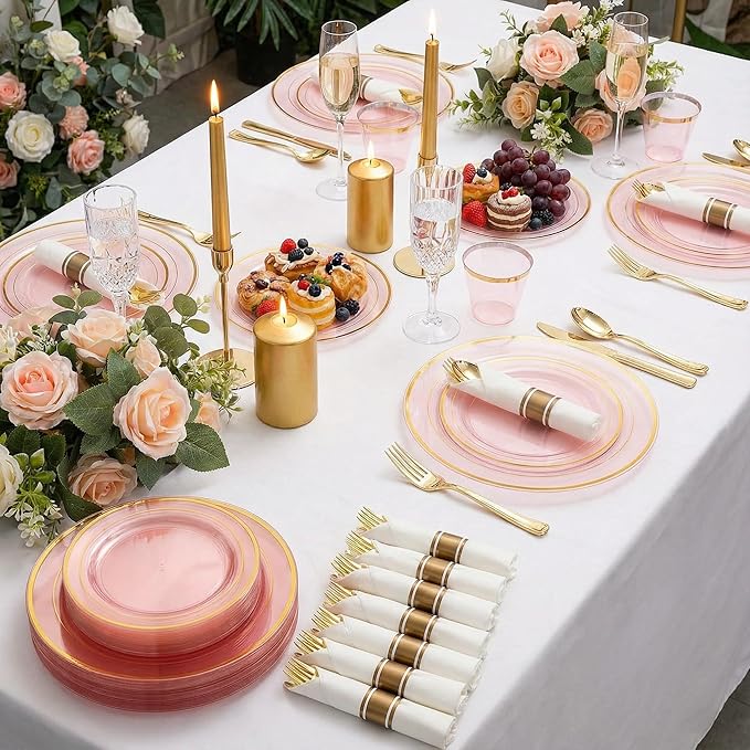 WELLIFE 210Pcs Clear-Pink Plastic Dinnerware- Pink and Gold Plastic Dinnerware include 30 Dinner Plates, 30 Dessert Plates, 90 Gold Silverware, 30 Cups and 30 Napkins Perfect for Parties