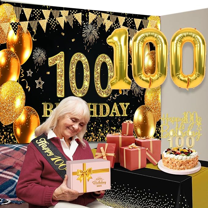 100th Birthday Decorations Men Women with 100th Birthday Banner, Black and Gold Table Cloth, Number Balloons, Large Sash,Cake Topper and Candles