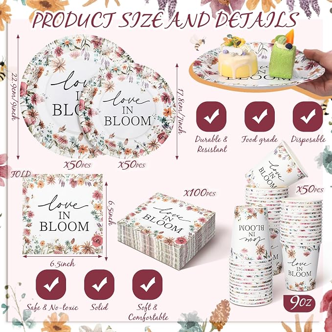Zhehao 250 Pcs Love in Bloom Bridal Shower Plates Napkins Sets 50 Pcs 9'' Floral Dinner Plates 50 7'' Dessert Plate and 9oz Cups 100 Napkins Wedding Engagement Party Supplies Bridal Shower Decoration