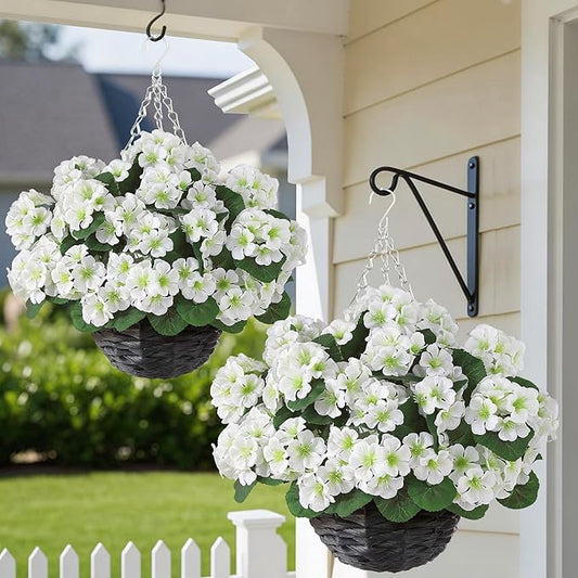 GLIDLION 2 Set Artificial Geraniums Flowers with Hanging Baskets for Outdoors - Sun Resistant Silk with Geranium Flowers, Fake Hanging Planters for Front Porch Garden Patio Home Decor (White)
