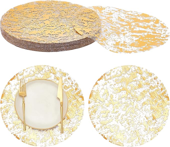 150PCS Disposable Gold Placemats Set, 13 Inch Gold Foil Table Mats Bulk, Metallic Mesh Pressed Round Doilies for Tables, Paper Placemats for Wedding Birthday Dining Party Table Home Decor