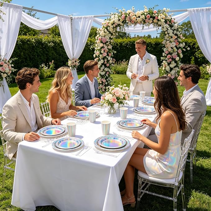 250Pcs Iridescent Plates and Napkins Party Supplies Set for 50 Guests, Disposable 9’’ and 7'' Holographic Silver Paper Plates ,Cups, Forks, Napkins Tableware for Mermaid, Birthday Party Decorations
