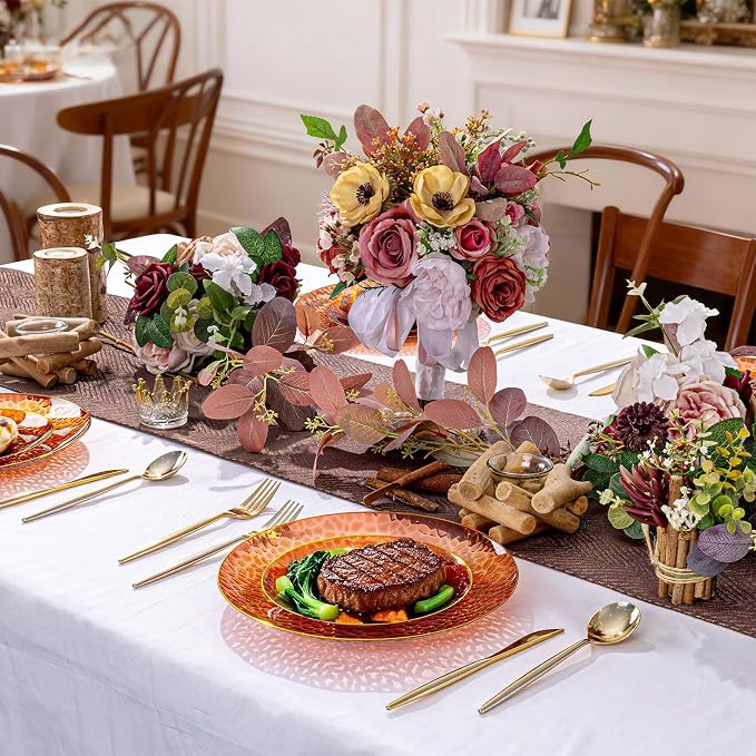 Rubtlamp 175 Pcs Plastic Dinnerware Set (25 Guests), Amber And Gold Plastic Plates, Hammered Party Plates Set Include Dinner Plates, Dessert Plates, Cups, Cutlery Set And Napkins for Wedding And Party